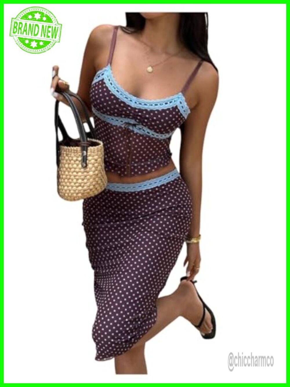 Women's 2 Piece Polka Dots Skirt Set Lace Crop Cami & Midi Skirt